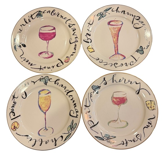 Rosanna Other - Rosanna Wine-Themed 8” Plates with Gold Trim set of 4